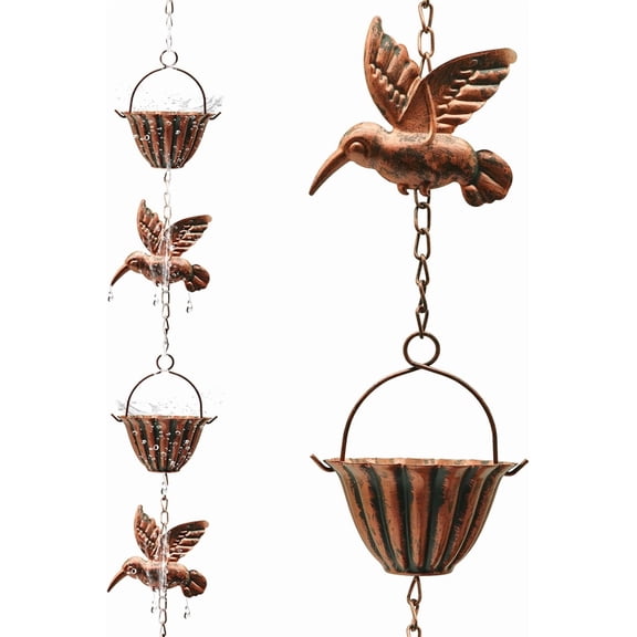 7.8FT Rain Chains for Outside, Copper Rain Chains for Gutters for Heavy Rains | Water-chian Catcher with 7 Metal Cups & Hummingbird Decor, Adjustable Downspout Substitute for Garden Drainage