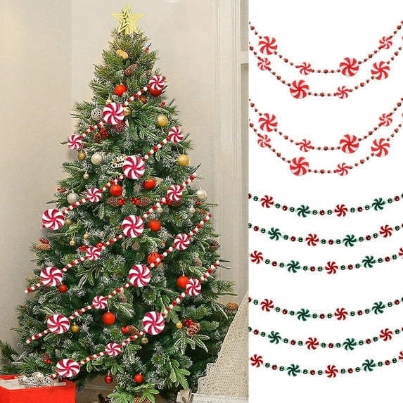 7.9 Ft Christmas Candy Garland - Plastic Peppermint Candy Bead Garland for Xmas Tree, Fireplace, Wall, Wreath Decoration - Indoor & Outdoor Holiday Decor