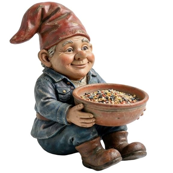 7.8Inch Gnome Statue Bird Feeder, Resin Garden Gnome Figurine with Bowl for Farmhouse Porch Patio Yard Spring Summer Outdoor Decor