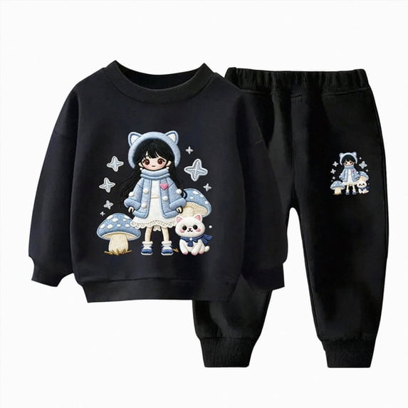 7-8T Boys Girl Clothes Set Crewneck Sweatshirt Long Sleeve Tops + Jogger Pants Fall Winter Outfits 3T 4T 5T 6T 7T 8T 9T 10T Kids Black Outfits