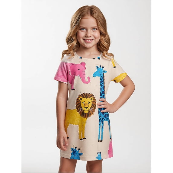 Kids Charming Short Sleeve Dress Regular-Fit Round Neck Play Dress for Girls Young Girls Age 5-13 Pockets