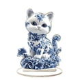 thumbnail image 1 of 7.8in Blue and White Porcelain Cat 2D Acrylic Figurine | Home Desk Decor with Transparent Stand | Cute Animal Ornament, 1 of 4