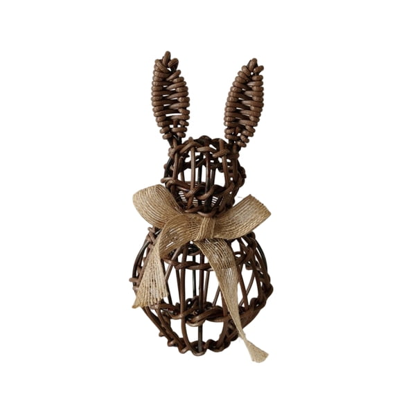 7.8in Rattan Woven Bunny Topiary - Outdoor Rabbit Statue with Beige Bow for Porch & Garden.