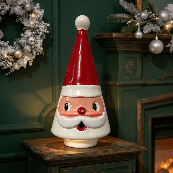 7.8in Retro Resin Santa Claus Cone Tree Figurine Lighted Battery Operated Ornament Unit for Christmas Table Decor