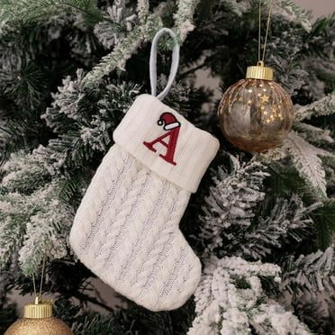 7.8inch Monogram Christmas Stocking White Embroidered Initial Knitted Xmas Stocking, Personalized Hanging Letter Stockings for Holiday Christmas Party Family Fireplace Decor