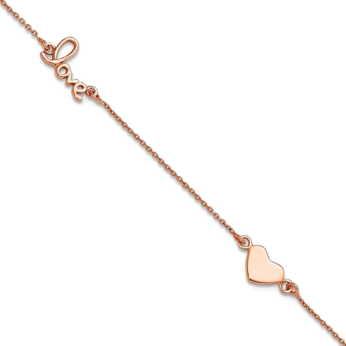 7.8mm 925 Sterling Silver Rose Tone Love and Heart Plus 1in Extension Anklet 9 Inch Anklet for Women