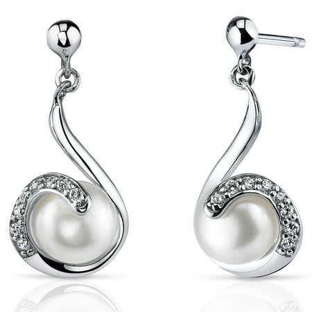7-8mm Cultured White Pearl Sterling Silver Drop Earrings Rhodium Finish
