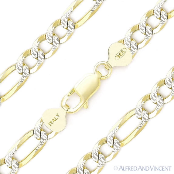 7.8mm Figaro / Figaroa Link D-Cut Pave Italian Chain Bracelet in .925 Sterling Silver w/ 14k Yellow Gold