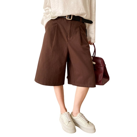 7/8th Shorts for Women Dressy Elastic Wide Leg Business Casual Work Shorts with Pockets Brown M