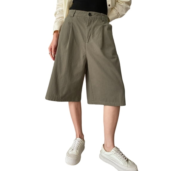 7/8th Shorts for Women Dressy Elastic Wide Leg Business Casual Work Shorts with Pockets Green M