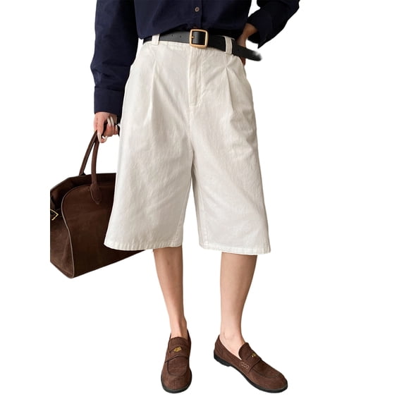 7/8th Shorts for Women Dressy Elastic Wide Leg Business Casual Work Shorts with Pockets White M