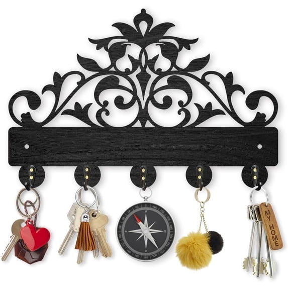 7.8x11.8inch Lace Bird Flower Key Holder Wall Mounted Wood & Iron Hook Hangers Decorative Organizer Rack with 5 Hooks and 2Pcs Screws for Keys Coats Hats Towels Clothes Aprons