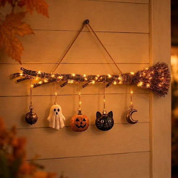 7.8x9.8'' Lighted Fall Broom Wall Hanging, Halloween Witch Broom LED Light Decor with Glowing Pumpkin Ghost Black Cat, Rustic Farmhouse Style, Spooky Gothic Halloween Ornament for Door Wall | 1pc