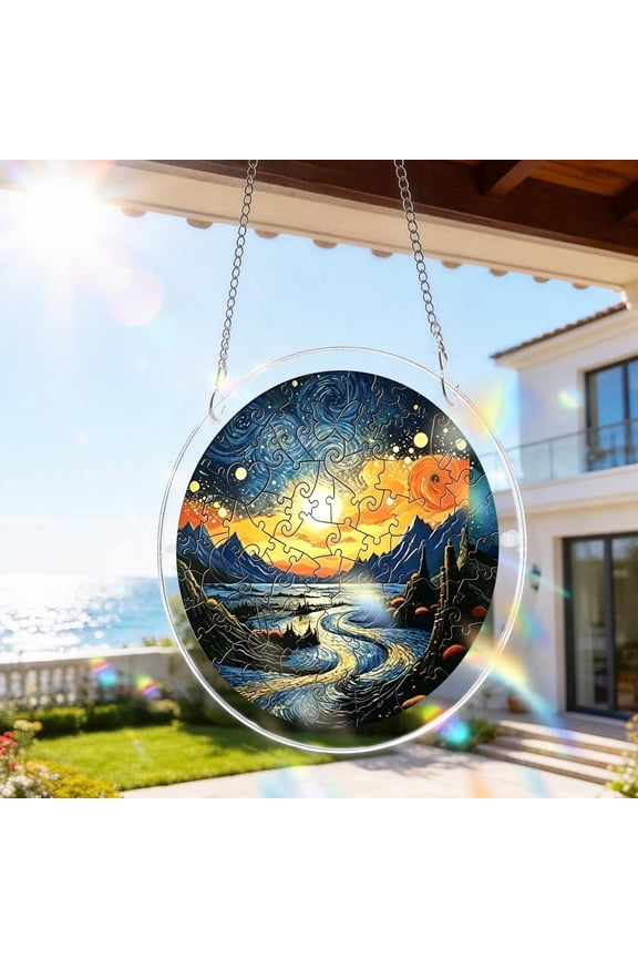 7.9" 3D Vision Effect Sunset Wooden Puzzle, Mountains Rivers Bright Jigsaw Wood Puzzle, Beautiful Wall Decor, Creative Gift for Family Game, Heartfelt Gift for Home, C