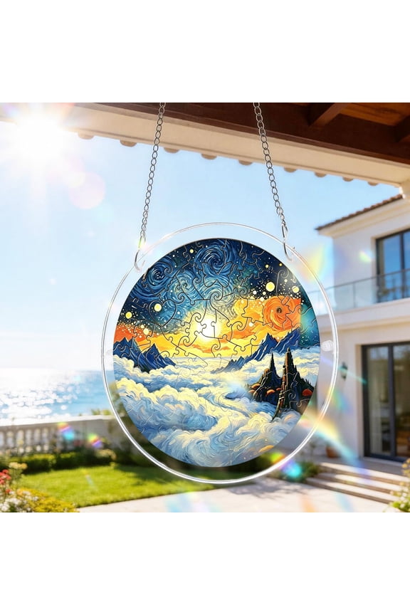 7.9" 3D Vision Effect Sunset Wooden Puzzle, Mountains Rivers Bright Jigsaw Wood Puzzle, Beautiful Wall Decor, Creative Gift for Family Game, Heartfelt Gift for Home, A