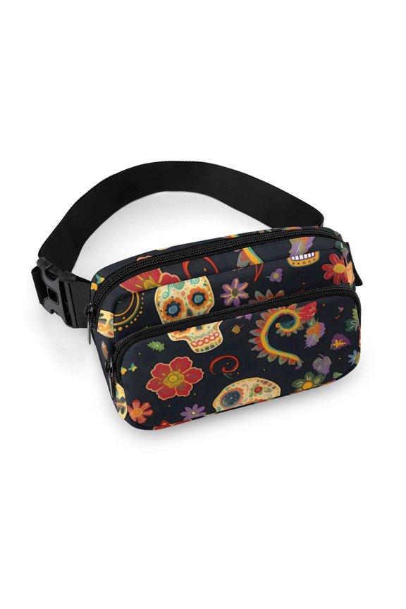 7.95.1 Inches Full-Print Waist Bag Is Sturdy Durable And Long-Lasting It Has An Adjustable Waist Strap With Side Pockets Retro Skull Head Flower