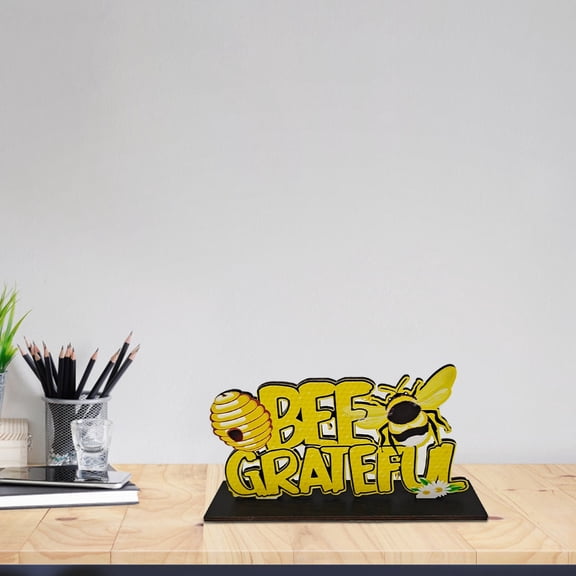 7.9" Bee Day Wooden Table Sign, Rustic Bumblebee Tiered Tray Decor for Kitchen and Shelf, Natural Wood Centerpiece for Spring and Summer Festivals, Yellow Bee Party Ornament, 1 Count