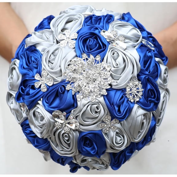 7.9" Handmade Satin Rose Bridal Bouquet Toss Round Wedding Bouquet Throw Toss Artificial Flower Bunch Silver + Royal Blue