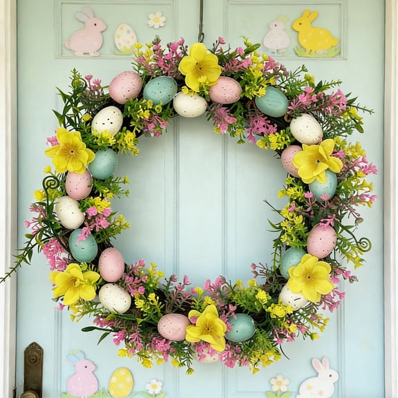 7.9 Inch Easter Wreaths with Colorful Egg Yellow Daisy Purple Lavender for Front Door Porch Window Farmhouse Party Decoration (S)