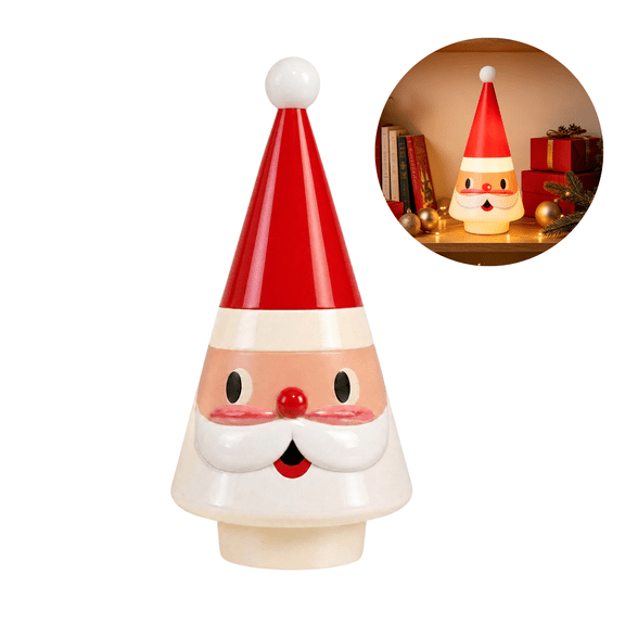 7.9 Inch Lighted Retro Blow Mold Santa Tree, Warm Glow LED Christmas Figurine, Freestanding Indoor Outdoor Xmas Ornament for Mantel, Shelf, Porch Holiday Display