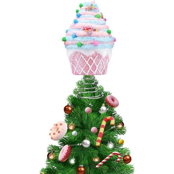 7.9 Inch Pastel Dessert Christmas Tree Topper Pink Cupcake Tree Topper Candy Donut Christmas Tree Decoration Pastel Christmas Ornaments for Christmas New Year Birthday Party Decor