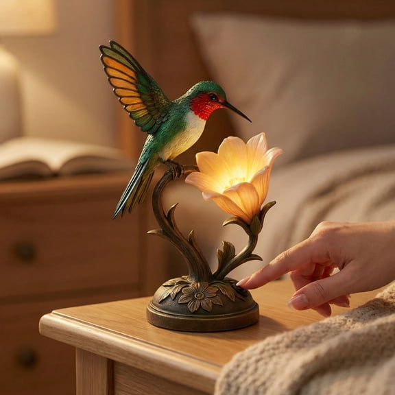7.9 Inch Retro Hummingbird Figurine Night Light, Decorative Bird Statue Desk Lamp with Warm LED for Home Office Decor, Vintage Resin Animal Sculpture for Bedside Table and Living Room