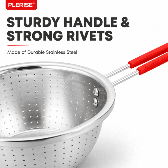 7.9-Inch Stainless Steel Micro-Perforated Colander Strainer with Long Red Heat-Resistant Handle for Pasta, Noodles, Vegetables and Fruit