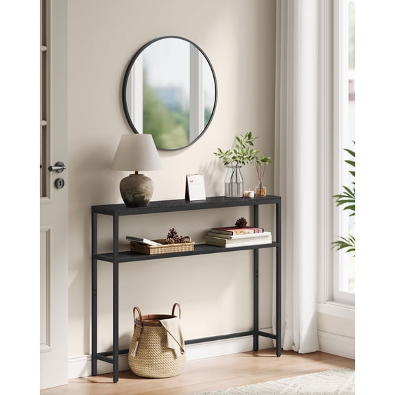 7.9" Narrow 2 - Tier Console Table in Charcoal Gray & Ink Black, Compact, Modern Design with Dual Shelves
