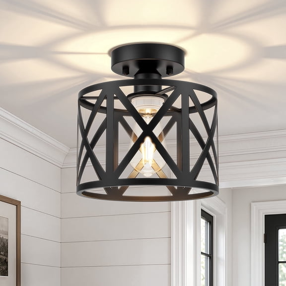 8" Semi Flush Mount Ceiling Light Fixture, Farmhouse Ceiling Light, Kitchen Lights, Hallway Light Fixtures, Ceiling Lamp for Entryway Dining Room Bedroom Laundry Lighting, Black