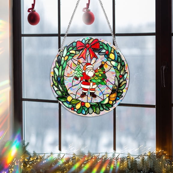 7.9" Stained Glass Window Hanging - Suncatcher for Doors Home Christmas Decoration with Hook & Chain,Winter Sun Catcher Thanksgiving New Year Birthday Gift for Women Men(Christmas Wreath)