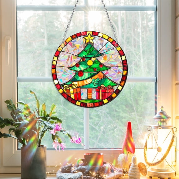 7.9" Stained Glass Window Hanging - Suncatcher for Doors Home Christmas Decoration with Hook & Chain,Winter Sun Catcher Thanksgiving New Year Birthday Gift for Women Men(Christmas Tree)