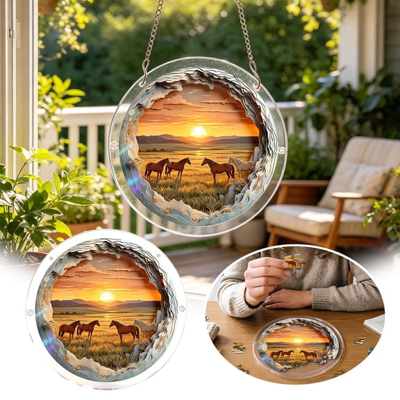 7.9'' Sunset Landscape Acrylic Jigsaw Puzzle Suncatcher, Stained Glass Style Window Hanging Wall Decor, Colorful Light Art Ornament Sun Catchers Indoor Window for Home(A)
