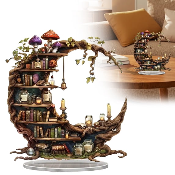 7.9" Whimsical Moon Bookshelf 2D Acrylic Signs Desktop Ornaments,Statue Easter Gift for Home Table Top Study Room Bookshel Office