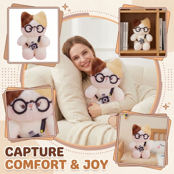 7.9 in Cat Plush Toy with Glasses and Camera Soft Stuffed Calico Kitten Doll for Home Decor and Photography Prop Adorable Kitty Figurine