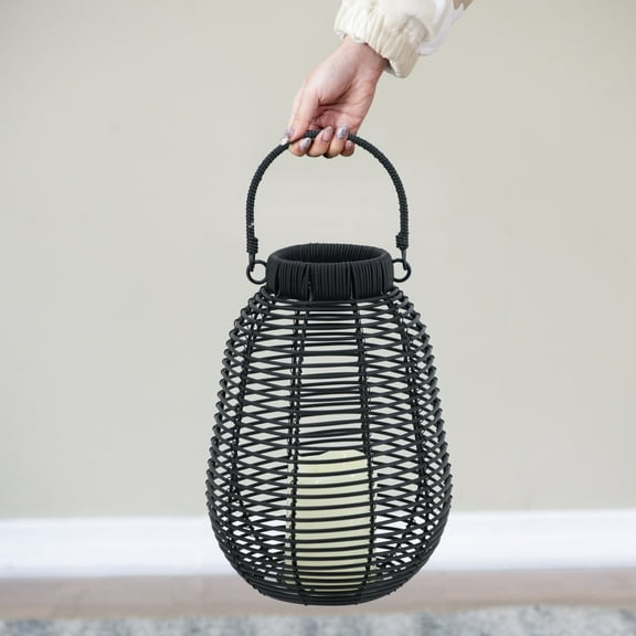 7.9"x7.9"x10.6" Rattan Lantern with LED Candle and Timer Function, Decorative Candle Lantern with Handle, Table Decor Candle Holder for Living Room, Dining Room, Entryway, Home Decor, Black