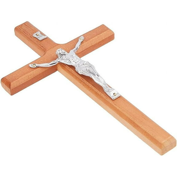 7.95Inch Easter Crucifix Cross Wall Hanging Wood Cross Wall Decor Platinum Wood Cross with Alloy Platinum with Jesus Christ Catholic Wall Art Cross for Religious Church Home Decor