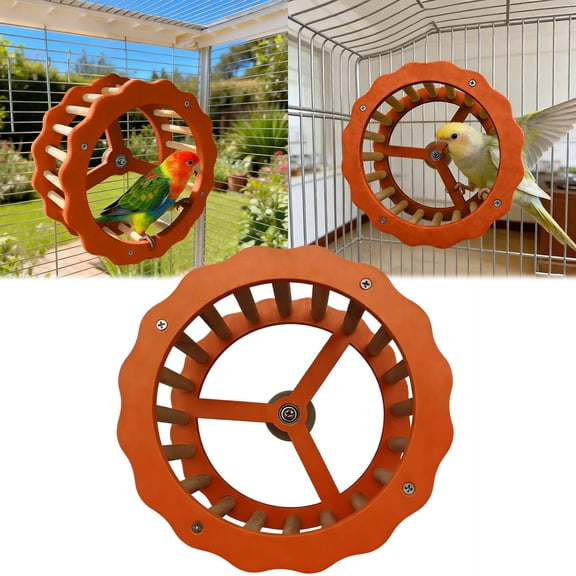 7.9in Dual Function Parrot Run Wheel Steering Wheel Toy Bird Safe Chewable Wooden Detail Interactive Play Center Indoor Cage Enrichment Exercise Toy for Budgies Conures Small Parrots Orange