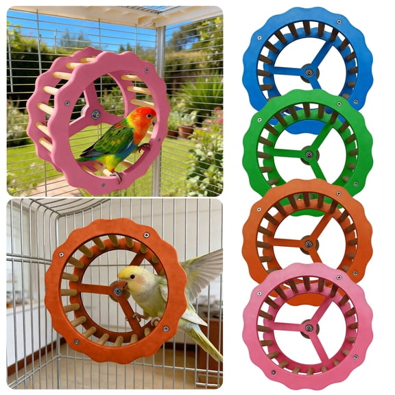 7.9in Dual Function Parrot Run Wheel Steering Wheel Toy Bird Safe Chewable Wooden Detail Interactive Play Center Indoor Cage Enrichment Exercise Toy for Budgies Conures Small Parrots Pink