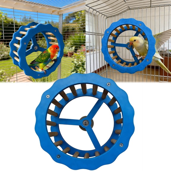 7.9in Dual Function Parrot Run Wheel Steering Wheel Toy Bird Safe Chewable Wooden Detail Interactive Play Center Indoor Cage Enrichment Exercise Toy for Budgies Conures Small Parrots Blue