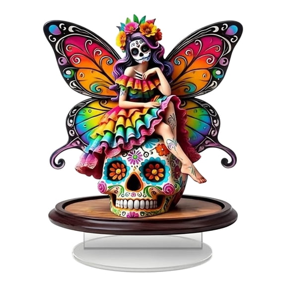 7.9in Sugar Skull Fairy Acrylic Desk Decor - Colorful Day of the Dead Themed Figurine, Imitation Glass Finish Decor for Home/Office & Holiday Display