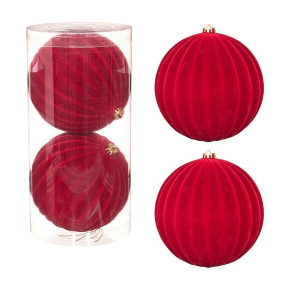 7.9inch Flocked Christmas Tree Ball Ornaments – 2pcs Set in Red & White, Extra Large Suede Texture Holiday Hanging Decorations for Tree, Party, Home