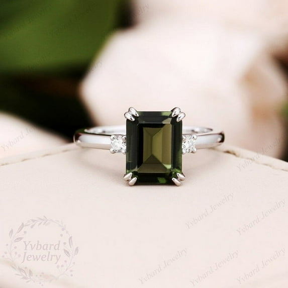 7*9mm Emerald Cut Green Tourmaline Ring,Diamond Ring, Dainty Ring Natuaral Tourmaline Ring Wedding Ring Gift For Women
