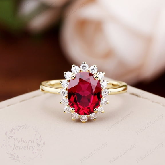7*9mm Oval Red Ruby Ring Vintage Halo Moissanite Ring Solid Yellow Gold Engagement Ring Wedding Bridal Promise Anniversary Rings For Women