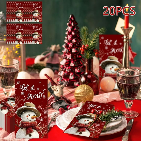 7.9x4.3 Inch Christmas Snowman Design Paper Napkins Double Sided Print for Holiday Party Supplies, 20 Pcs Disposable Napkins for Kitchen Guest Use and Home Decor Celebrations