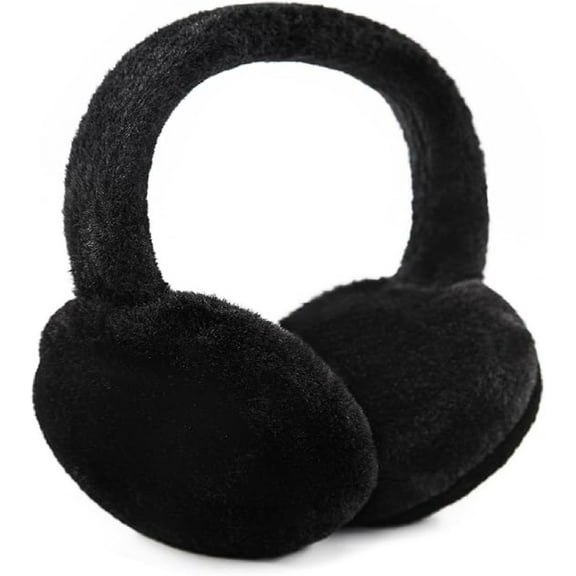 7.9x5.5In Black Plush Ear Warmer,Winter Women Earmuff for Outgoing,Cute Adjustable Foldable Ear Warmer for Women Girls