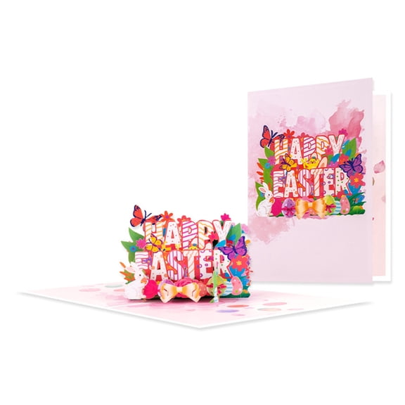 7.9x5.9" 3D Happy Easter Day Card, Cute Bunnies Eggs Flowers Card, Seasonal Holiday Quilling Card, Quilled Greeting Card for Kids Family, Friend, Husband, Wife(Pink)