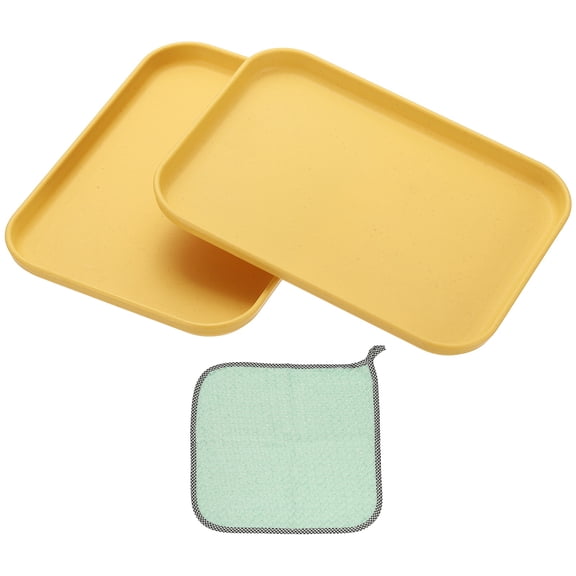 7.9x5.9" Rectangular Plates, 2 Pack Wheat Plastic Dinner Plates Dishes Reusable Unbreakable Dessert Plate Trays with Cloth for Cake Fruits Salad Cupcake Steak Serving Yellow