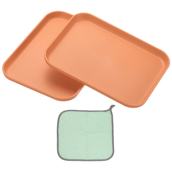 7.9x5.9" Rectangular Plates, 2 Pack Wheat Plastic Dinner Plates Dishes Reusable Unbreakable Dessert Plate Trays with Cloth for Cake Fruits Salad Cupcake Steak Serving Orange