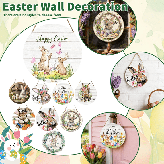 7.9x7.9 Inch Wood Easter Bunny Sign – Rabbit Welcome Tag for Wall, Compact Easter Decorations & Home Decor(D)