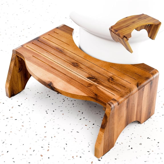 7 Acacia Wood Foldable Toilet Stool, Round Edge Squatting Stool for Adults - Up to 400LBS Weight Capacity Foot Stool for Toilet, 2-in-1 Toilet Stool Squat Adult - No Assembly Required